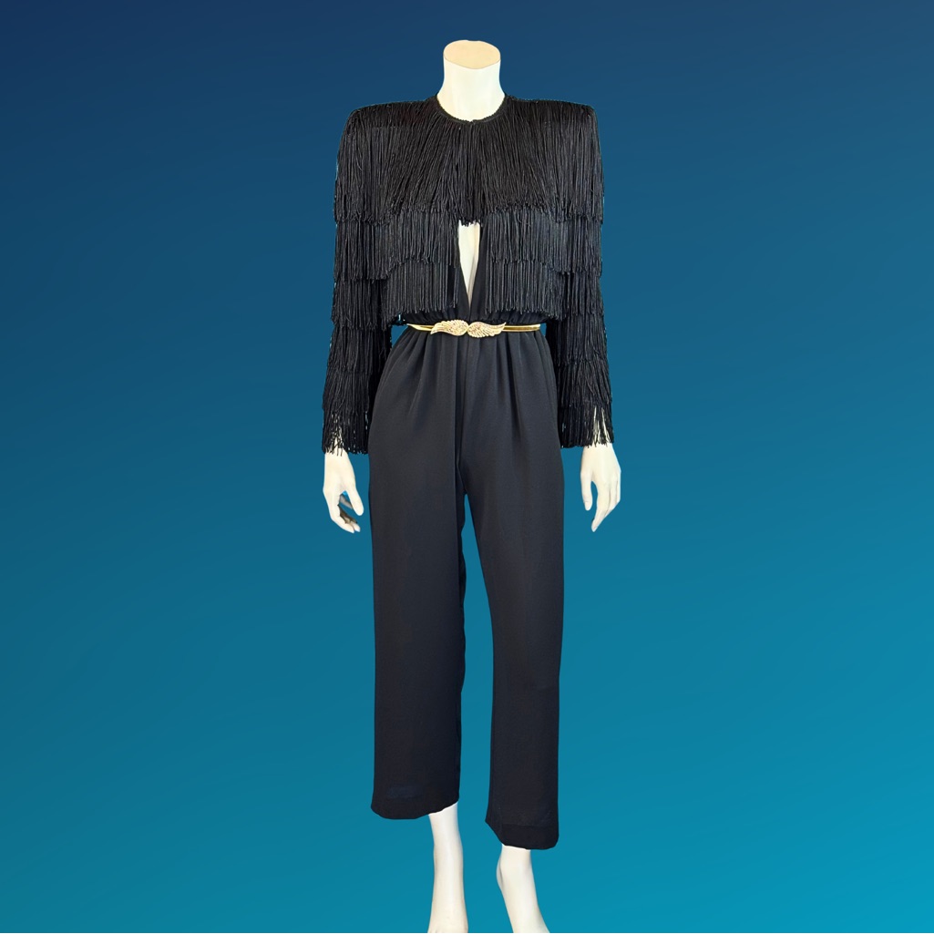 90s Fringe Wayne Clark Plunge Neck Black Jumpsuit / Xs S